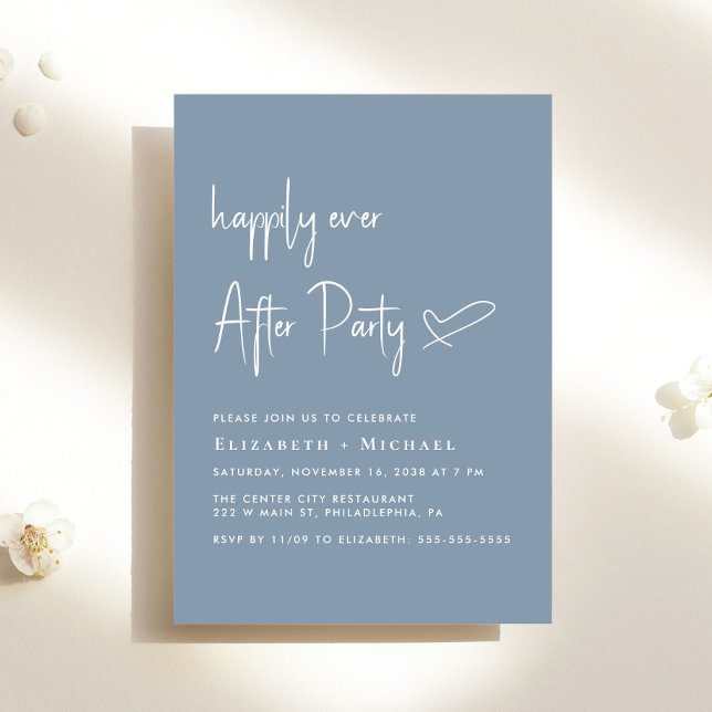 Lyckligtvis allt efter Dusty Blue Wedement Recepti Inbjudningar (An chic Happily Ever After Party invitation for your wedding celebration)