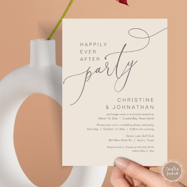 Lyckligtvis allt efter inbjudan till Party efter B (Happily Ever After Party, Wedding Elopement Brunch, Dinner or Lunch Invitation Card in Grey Cream)