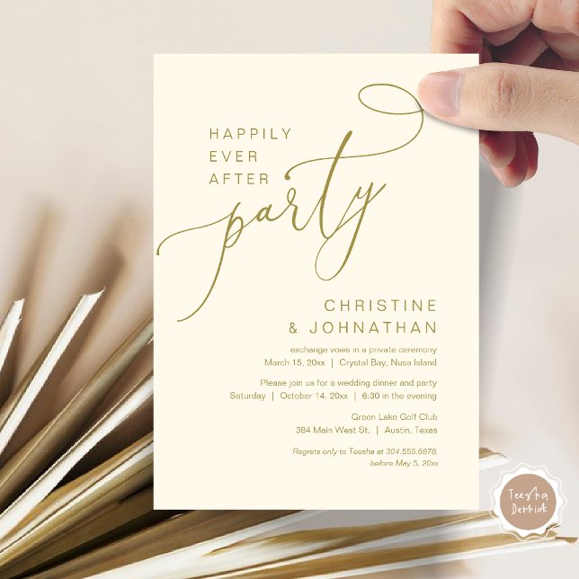 Lyckligtvis allt efter inbjudan till Party efter B (Happily Ever After Party, Wedding Elopement Brunch, Dinner or Lunch Invitation Card in Classy Gold)