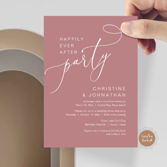 Lyckligtvis allt efter inbjudan till Party efter B (Happily Ever After Party, Wedding Elopement Brunch, Dinner or Lunch Invitation Card in Dusty Rose)