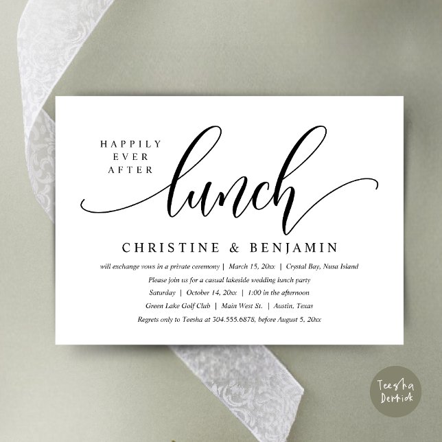 Lyckligtvis allt efter Lunch Elopement, modernt sk Inbjudningar (Happily Ever After Lunch, Modern Wedding Elopement Invitation Card, PDF, in Black and White)