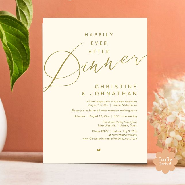 Lyckligtvis allt efter middagen Bröllop Elopement  Inbjudningar (Happily Ever After Party Invitation Card PDF Modern Wedding Dinner Dancing Yellow Gold)