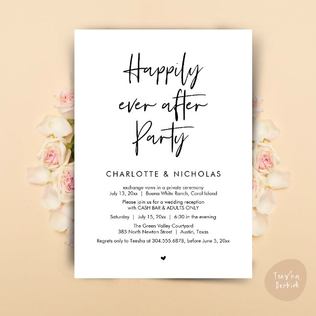 Lyckligtvis allt efter middagen Bröllopsfest Penga Inbjudningar (Happily Ever After Modern Dinner Wedding Reception Party Cash Bar Invitation Card PDF Black White)