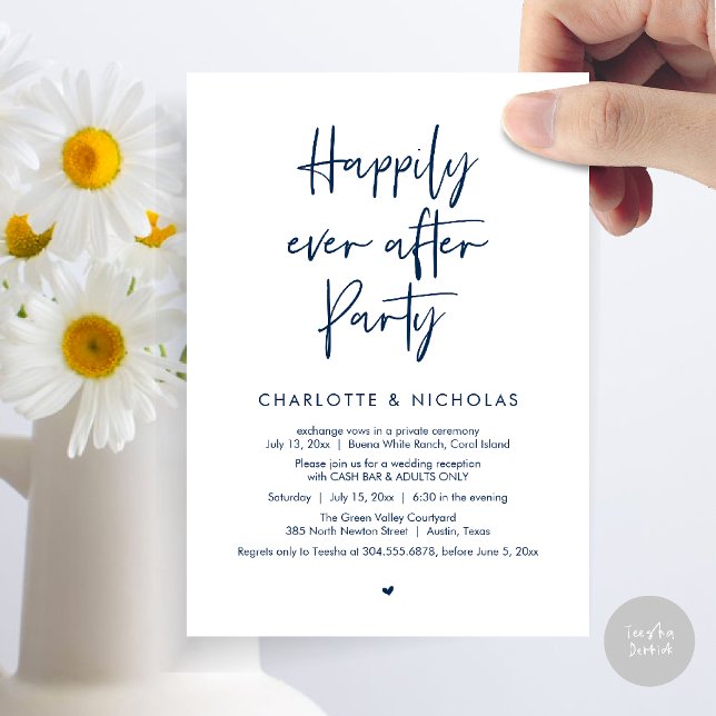 Lyckligtvis allt efter middagen Bröllopsfest Penga Inbjudningar (Happily Ever After Modern Dinner Wedding Reception Party Cash Bar Invitation Card PDF navy Blue)