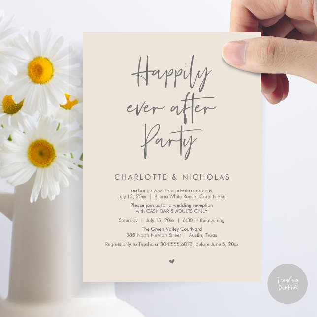 Lyckligtvis allt efter middagen Bröllopsfest Penga Inbjudningar (Happily Ever After Modern Dinner Wedding Reception Party Cash Bar Invitation Card PDF Cream Grey)