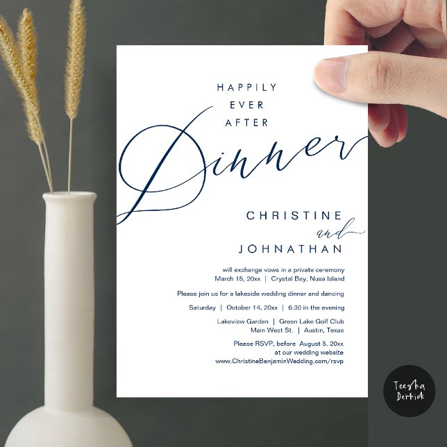Lyckligtvis allt efter middagsskript i Bröllop Inbjudningar (Happily Ever After Dinner Wedding Elopement Script Invitation Card, PDF, Modern Romantic, Navy Blue)