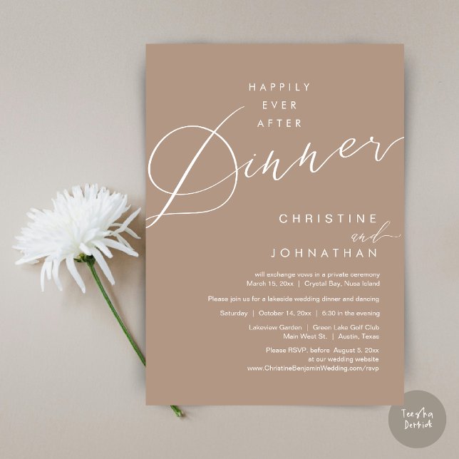 Lyckligtvis allt efter middagsskript i Bröllop Inbjudningar (Happily Ever After Dinner Wedding Elopement Script Invitation Card, PDF, Modern Romantic, Warm Taupe)