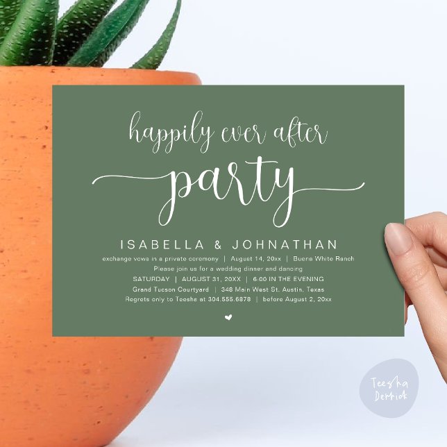Lyckligtvis allt efter Party, Bröllop Dinner Danci Inbjudningar (Happily Ever After Party, Wedding Dinner Dancing Invitation Card, PDF, Modern Sage Green Greenery)
