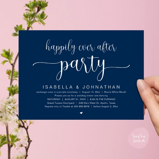 Lyckligtvis allt efter Party, Bröllop Dinner Danci Inbjudningar (Happily Ever After Party, Wedding Dinner Dancing Invitation Card, PDF, Modern Navy Blue)