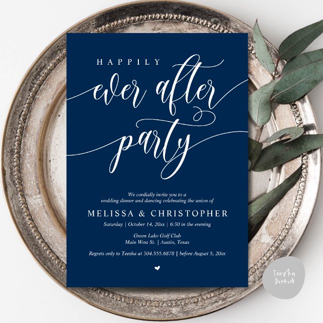 Lyckligtvis allt efter Party, Bröllop Dinner Danci Inbjudningar (Happily Ever After Party, Wedding Dinner and Dancing Invitation Card, PDF, in Navy Blue)