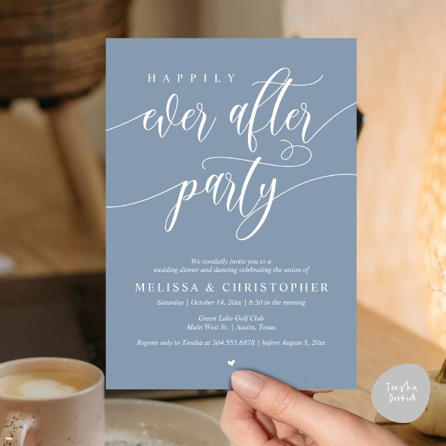 Lyckligtvis allt efter Party, Bröllop Dinner Danci Inbjudningar (Happily Ever After Party, Wedding Dinner and Dancing Invitation Card, PDF, in Dusty Blue)