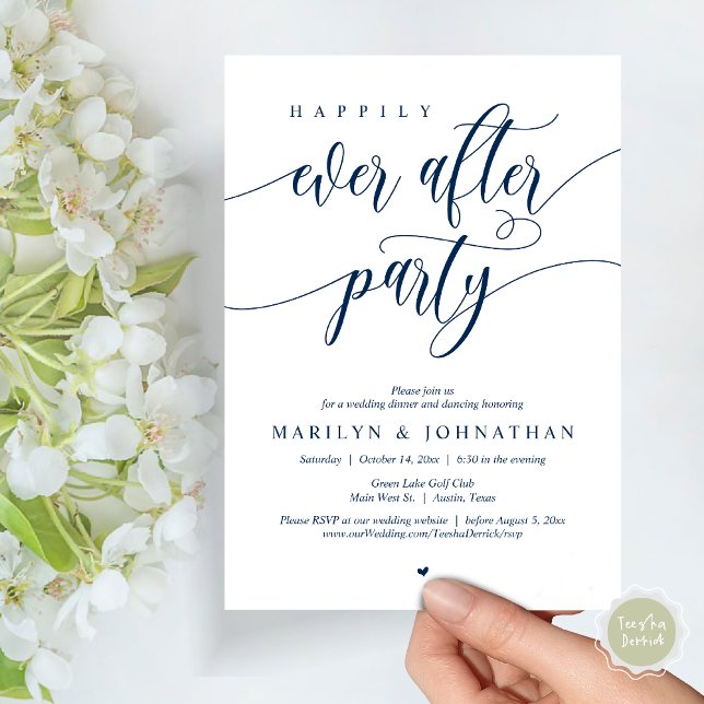 Lyckligtvis allt efter Party, Bröllop Dinner Danci Inbjudningar (Happily Ever After Party, Modern Minimalist Wedding Dinner Invitation Card, PDF, Navy Blue)