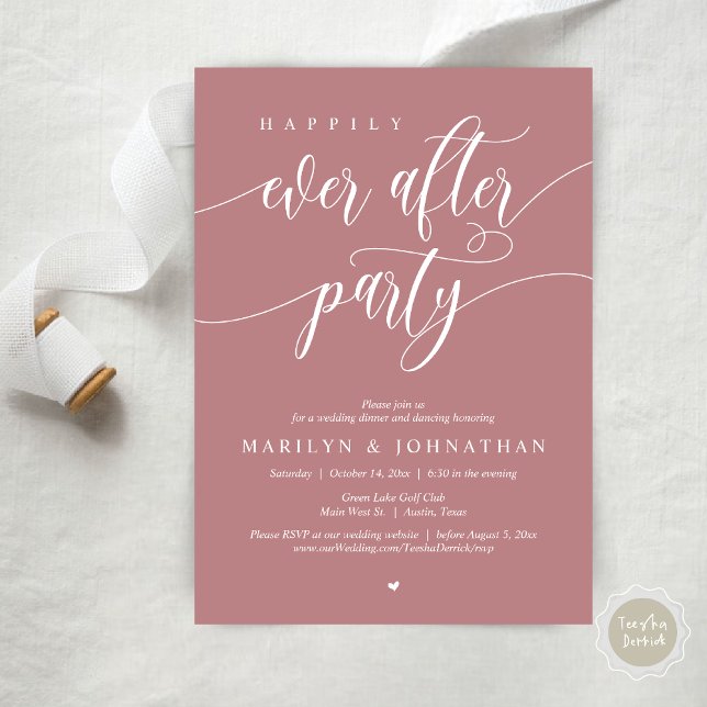 Lyckligtvis allt efter Party, Bröllop Dinner Danci Inbjudningar (Happily Ever After Party, Modern Minimalist Wedding Dinner Invitation Card, PDF, Dusty Rose Pink)