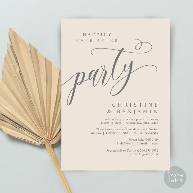 Lyckligtvis allt efter Party, Bröllop Elopement Inbjudningar (Happily Ever After Party, Modern Romance Wedding Elopement Invitation Card, PDF, in Cream dark grey)