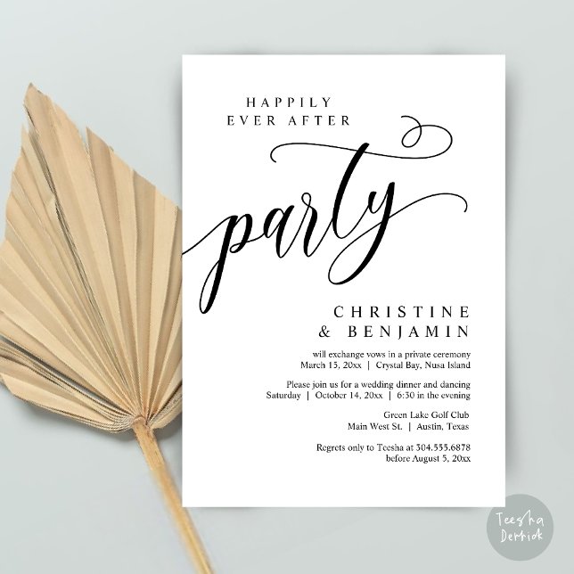 Lyckligtvis allt efter Party, Bröllop Elopement Inbjudningar (Happily Ever After Party, Modern Romance Wedding Elopement Invitation Card, PDF, Elegant Black White)