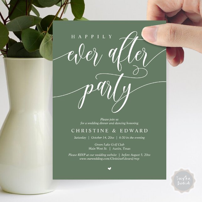 Lyckligtvis allt efter Party, Bröllop Elopement Mi Inbjudningar (Happily Ever After Party, Modern Wedding Elopement Dinner Invitation Card, PDF, in Forest Sage Green)
