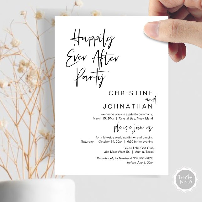 Lyckligtvis allt efter Party, Bröllop Elopement Mi Inbjudningar (Happily Ever After Party, Wedding Elopement Dinner Invitation Card, in minimalist Black and White.)