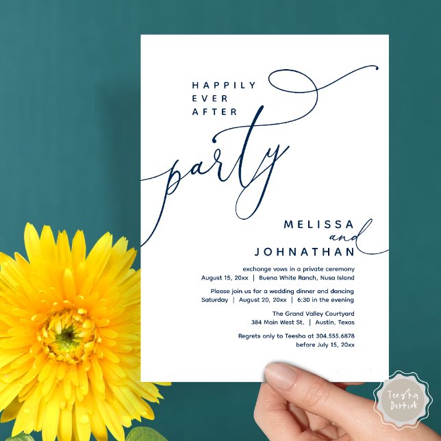 Lyckligtvis allt efter Party Bröllop Elopement Mid Inbjudningar (Romantic Happily Ever After Party Modern Wedding Elopement Dinner Invitation Card PDF Navy blue)