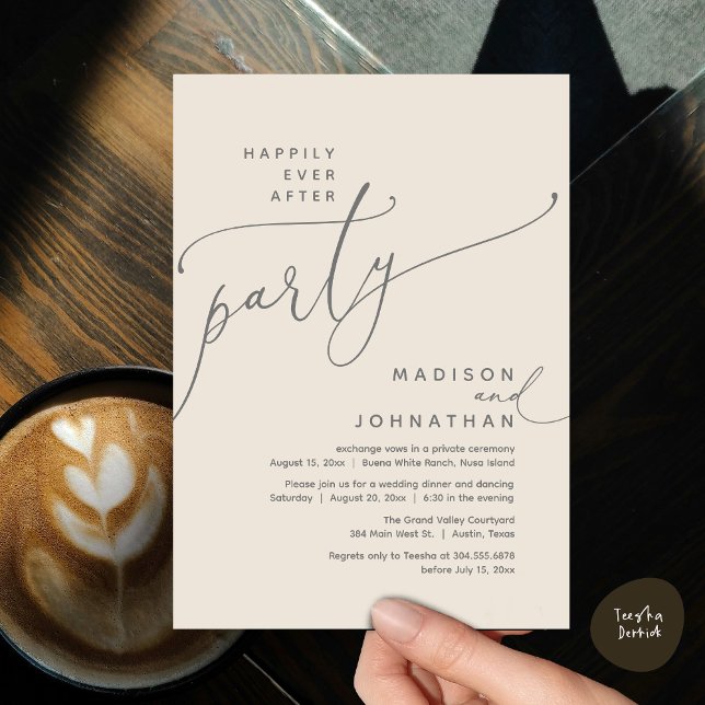 Lyckligtvis allt efter Party Bröllop Elopement Mid Inbjudningar (Romantic Happily Ever After Party Modern Wedding Elopement Dinner Invitation Card PDF Cream Grey)