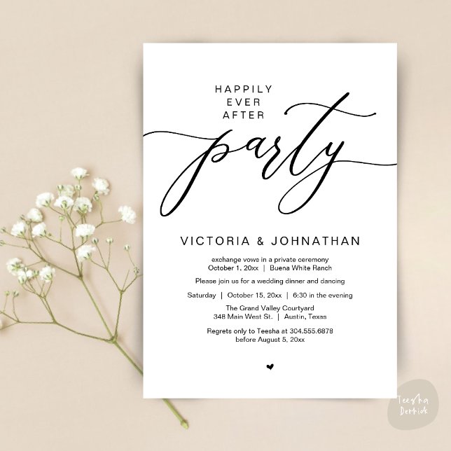 Lyckligtvis allt efter Party Bröllop Elopement Mid Inbjudningar (Romantic Happily Ever After Party Modern Wedding Elopement Dinner Invitation Card PDF White Black)