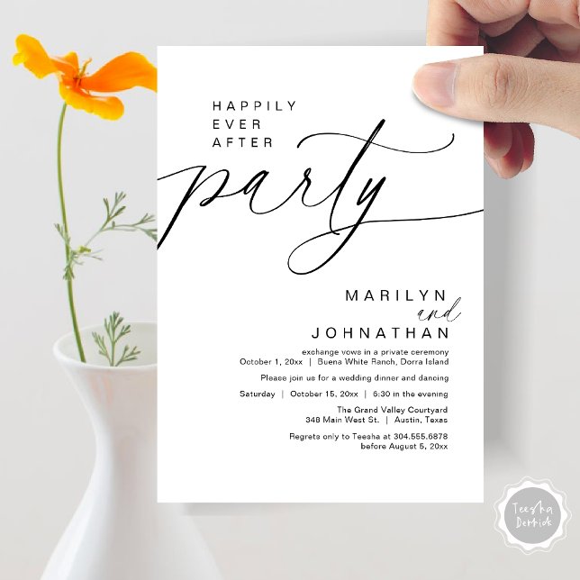 Lyckligtvis allt efter Party Bröllop Elopement Mid Inbjudningar (Happily Ever After Party Wedding Elopement Dinner Invitation Card PDF Modern Romantic White Black)