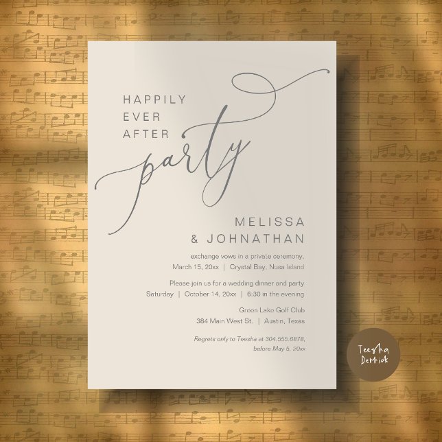 Lyckligtvis allt efter Party Bröllop Grått Cream Inbjudningar (Happily Ever After Party, Romantic Wedding Dinner and Dancing Invitation Card, PDF, in Cream Grey)