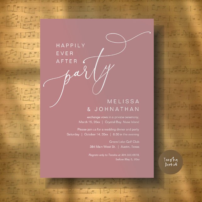 Lyckligtvis allt efter Party Bröllop-middagen Dust Inbjudningar (Happily Ever After Party, Romantic Wedding Dinner and Dancing Invitation Card, PDF, Dusty Rose Pink)
