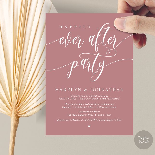 Lyckligtvis allt efter Party Bröllop-middagen Dust Inbjudningar (Happily Ever After Party, Modern Calligraphy Wedding Dinner Invitation Card, PDF, in Dusty Rose Pink)