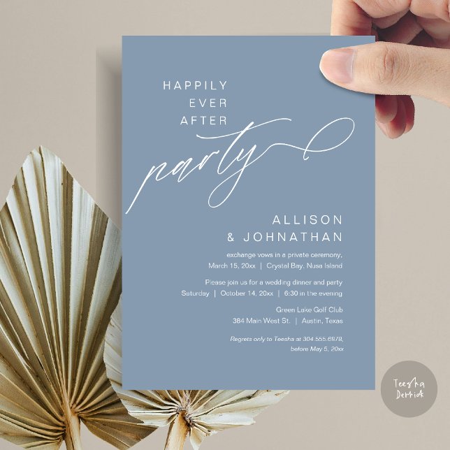 Lyckligtvis allt efter Party, det moderna Bröllop- Inbjudningar (Happily Ever After Party, Modern Wedding Elopement Dinner Invitation Card, PDF, Dusty Blue)