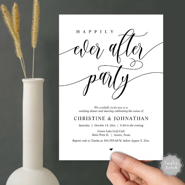 Lyckligtvis allt efter Party Dinner Dancing Inbjudningar (Happily Ever After Party Dinner Dancing Modern Invitation Card, PDF, in Black and White)
