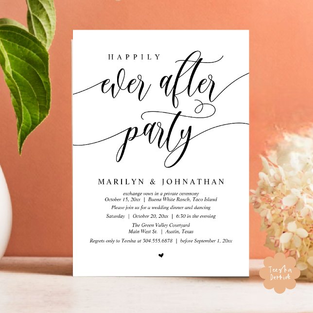 Lyckligtvis allt efter Party Modern Bröllop Elopem Inbjudningar (Happily Ever After Party Modern Wedding Elopement Dinner Lunch Brunch Invites Card PDF Black White)