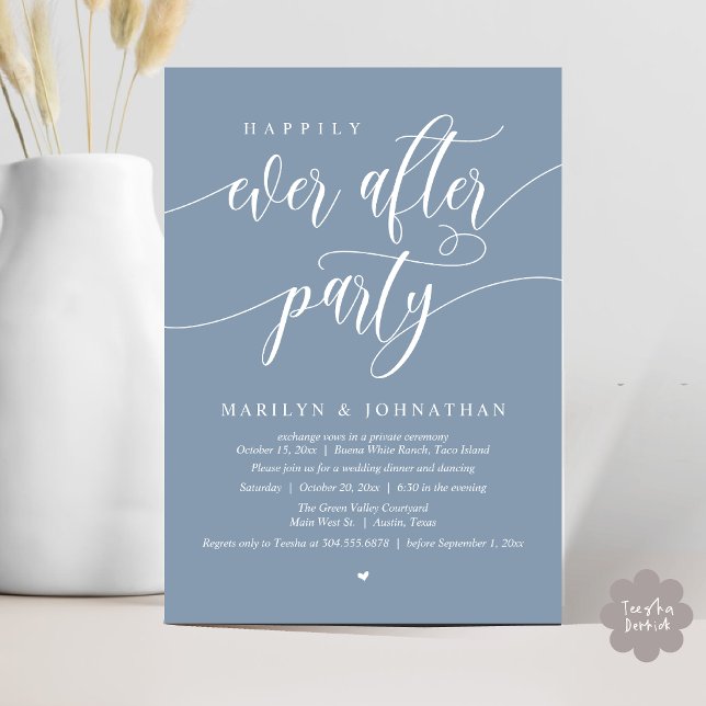Lyckligtvis allt efter Party Modern Bröllop Elopem Inbjudningar (Happily Ever After Party Modern Wedding Elopement Dinner Lunch Brunch Invites Card PDF Dusty Blue)