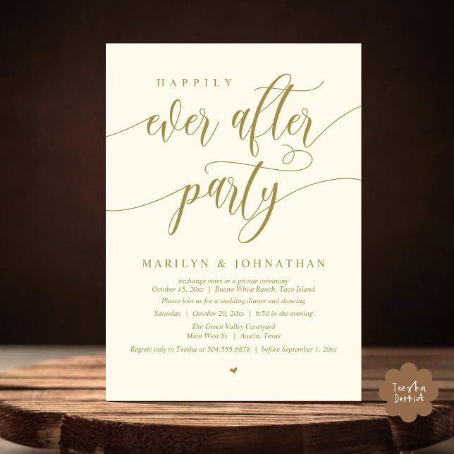 Lyckligtvis allt efter Party Modern Bröllop Elopem Inbjudningar (Happily Ever After Party Modern Wedding Elopement Dinner Lunch Brunch Invites Card PDF Yellow Gold)