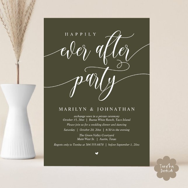 Lyckligtvis allt efter Party Modern Bröllop Elopem Inbjudningar (Happily Ever After Party Modern Wedding Elopement Dinner Lunch Brunch Invites Card PDF Olive Green)