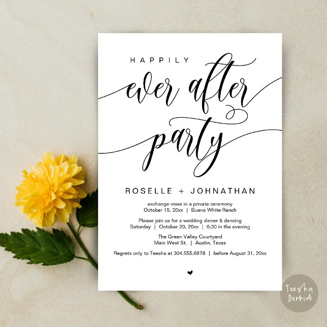 Lyckligtvis allt efter Party Modern Bröllop middag Inbjudningar (Happily Ever After Party Modern Wedding Dinner Dancing Invitation Card PDF White Black)
