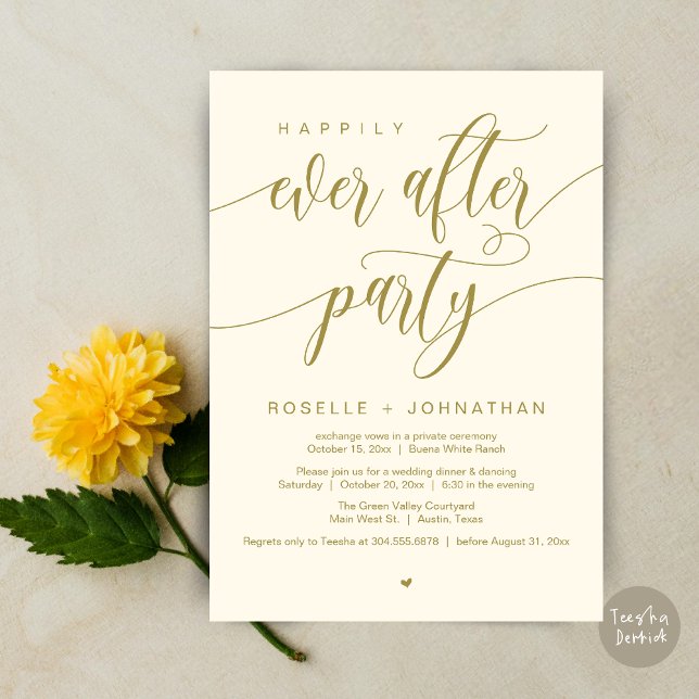 Lyckligtvis allt efter Party Modern Bröllop middag Inbjudningar (Happily Ever After Party Modern Wedding Dinner Dancing Invitation Card PDF Yellow Gold)
