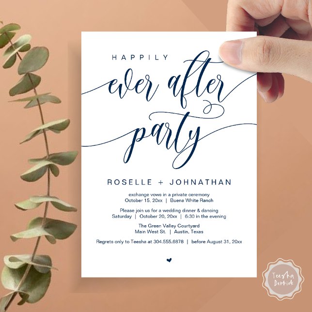 Lyckligtvis allt efter Party Modern Bröllop middag Inbjudningar (Happily Ever After Party Modern Wedding Dinner Dancing Invitation Card PDF Navy Blue)