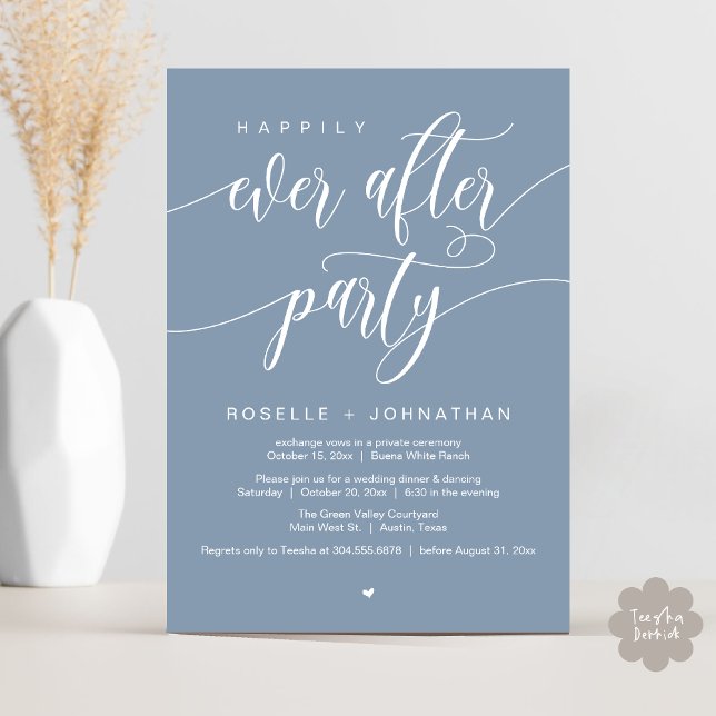 Lyckligtvis allt efter Party Modern Bröllop middag Inbjudningar (Happily Ever After Party Modern Wedding Dinner Dancing Invitation Card PDF Dusty Blue)