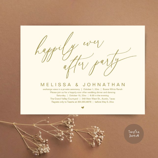 Lyckligtvis allt efter Party Modern Bröllop middag Inbjudningar (Happily Ever After Party Modern Romantic Wedding Dinner Party Invitation Card PDF Yellow Gold)