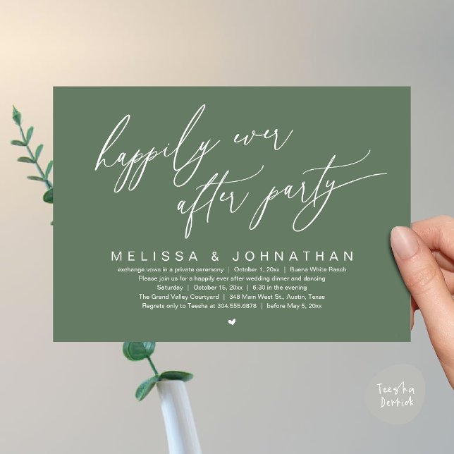 Lyckligtvis allt efter Party Modern Bröllop middag Inbjudningar (Happily Ever After Party Modern Romantic Wedding Dinner Party Invitation Card PDF Sage Green Forest)