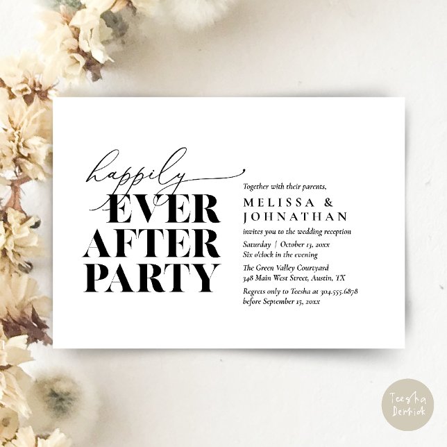 Lyckligtvis allt efter Party, modernt bröllopsmott Inbjudningar (Happily Ever After Party, Modern Wedding Reception Dinner Invitation Card pdf Black White)