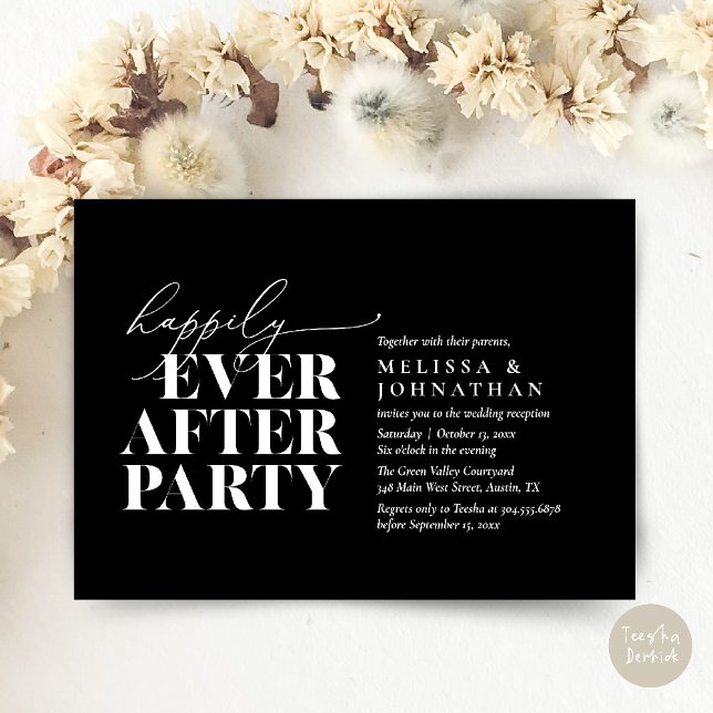 Lyckligtvis allt efter Party, modernt bröllopsmott Inbjudningar (Happily Ever After Party, Modern Wedding Reception Dinner Invitation Card pdf Black White)