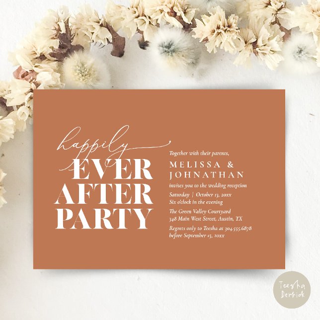 Lyckligtvis allt efter Party, modernt bröllopsmott Inbjudningar (Happily Ever After Party, Modern Wedding Reception Dinner Invitation Card pdf Copper Brown)