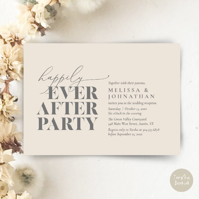 Lyckligtvis allt efter Party, modernt bröllopsmott Inbjudningar (Happily Ever After Party, Modern Wedding Reception Dinner Invitation Card pdf Cream Grey)