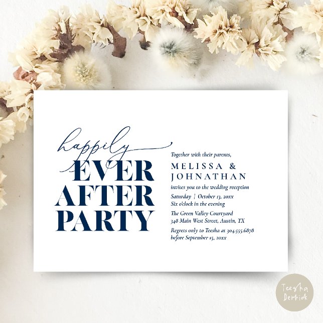 Lyckligtvis allt efter Party, modernt bröllopsmott Inbjudningar (Happily Ever After Party, Modern Wedding Reception Dinner Invitation Card pdf Navy Blue)