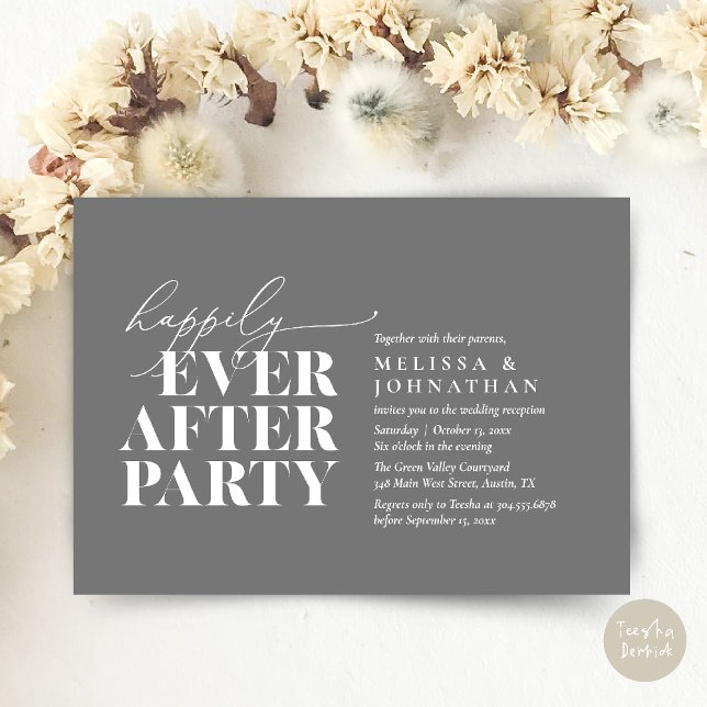 Lyckligtvis allt efter Party, modernt bröllopsmott Inbjudningar (Happily Ever After Party, Modern Wedding Reception Dinner Invitation Card pdf Dark Grey)