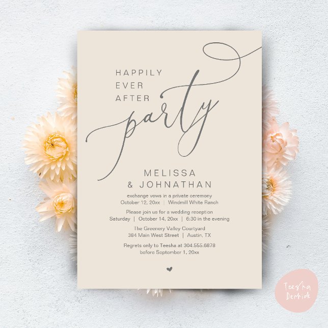 Lyckligtvis allt efter Party, modernt bröllopsmott Inbjudningar (Happily Ever After Party Modern Wedding Reception Dinner Brunch Lunch Invites card PDF Cream Grey)