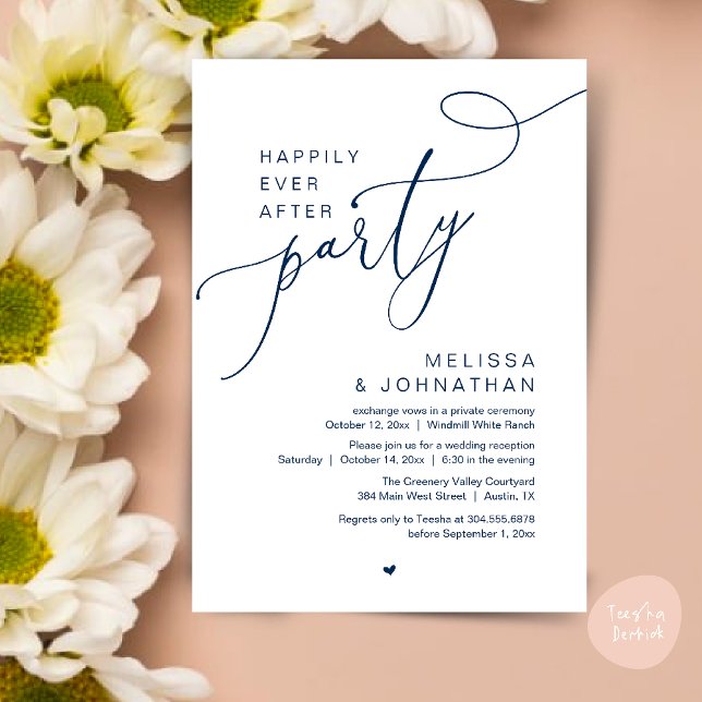 Lyckligtvis allt efter Party, modernt bröllopsmott Inbjudningar (Happily Ever After Party Modern Wedding Reception Dinner Brunch Lunch Invites card PDF Navy Blue)