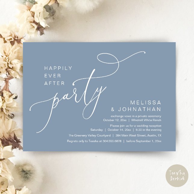 Lyckligtvis allt efter Party, modernt bröllopsmott Inbjudningar (Happily Ever After Party Modern Wedding Reception Dinner Brunch Lunch Invites card PDF Dusty Blue)