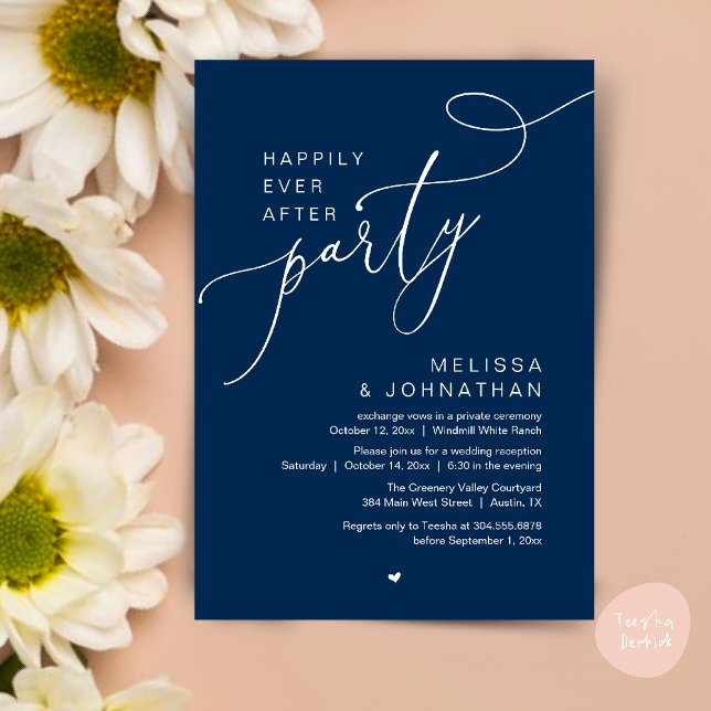 Lyckligtvis allt efter Party, modernt bröllopsmott Inbjudningar (Happily Ever After Party Modern Wedding Reception Dinner Brunch Lunch Invites card PDF Navy Blue)